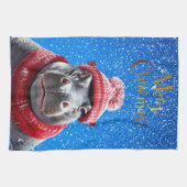 Frohe Weihnachten Hippo Weihnachtsmannmütze und Sc Geschirrtuch (Horizontal)