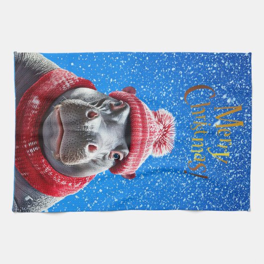 Frohe Weihnachten Hippo Weihnachtsmannmütze und Sc Geschirrtuch (Horizontal)