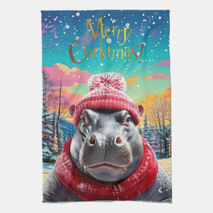 Frohe Weihnachten Hippo Weihnachtsmannmütze und Sc Geschirrtuch