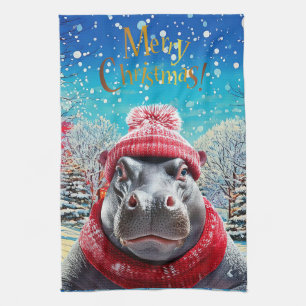 Frohe Weihnachten Hippo Weihnachtsmannmütze und Sc Geschirrtuch