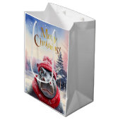 Frohe Weihnachten Hippo Weihnachtsmannmütze und Sc Mittlere Geschenktüte (Vorderseite Schrägansicht)