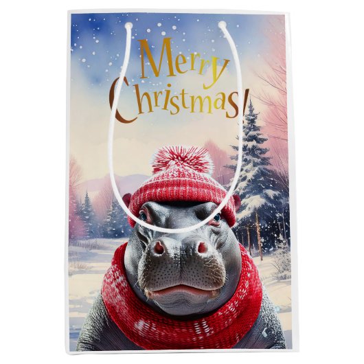 Frohe Weihnachten Hippo Weihnachtsmannmütze und Sc Mittlere Geschenktüte (Vorderseite)