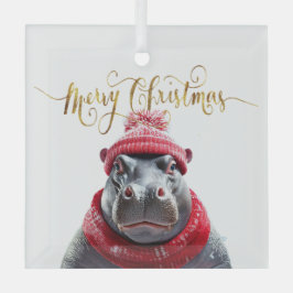 Frohe Weihnachten Hippo Weihnachtsmannmütze und Sc Ornament Aus Glas
