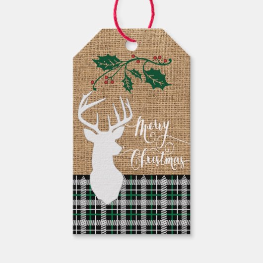 Frohe Weihnachten Hirsch - Grün Kariert Geschenkanhänger (Vorderseite)