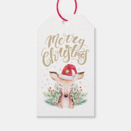 Frohe Weihnachten Hirsch in Weihnachtsmannmütze Geschenkanhänger