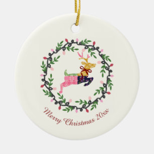 Frohe Weihnachten Hirsch mit Kranz Anpassen Keramik Ornament