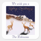 Frohe Weihnachten - Hirsche und Berge im Schnee Quadratischer Aufkleber (Vorderseite)