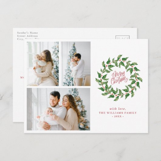 Frohe Weihnachten | Holly Berries | 3 Fotos Urlaub Postkarte (Vorne/Hinten)