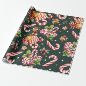 Frohe Weihnachten Holly Berries Candy Cane Red Bow Geschenkpapier (Ungerollt)