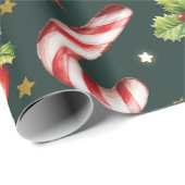 Frohe Weihnachten Holly Berries Candy Cane Red Bow Geschenkpapier (Rolleneckpunkt)