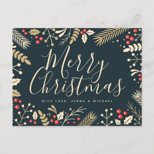 Frohe Weihnachten Holly & Berries Postkarte (Vorderseite)