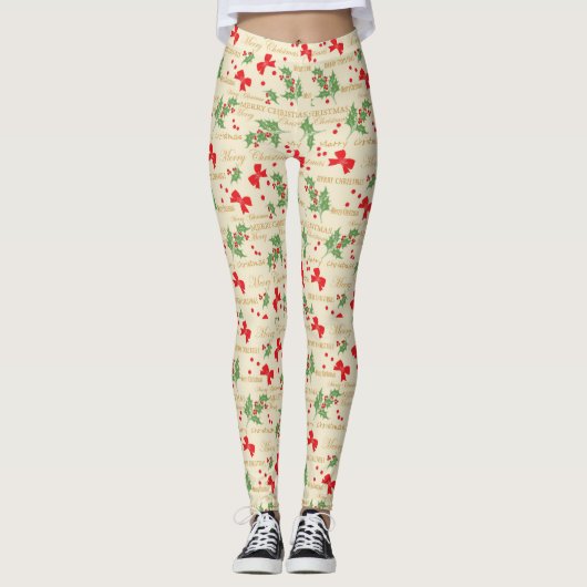 Frohe Weihnachten, Holly, Berries und Red Bows Leggings (Vorderseite)