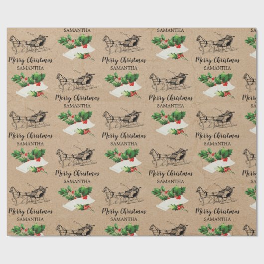 Frohe Weihnachten Holly Berries Winter Kraft Brown Geschenkpapier (Flach)