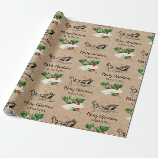 Frohe Weihnachten Holly Berries Winter Kraft Brown Geschenkpapier (Ungerollt)