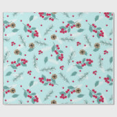 Frohe Weihnachten Holly Berry Fir Branches Blue Re Geschenkpapier (Flach)