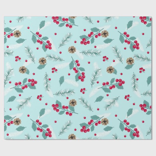 Frohe Weihnachten Holly Berry Fir Branches Blue Re Geschenkpapier (Flach)