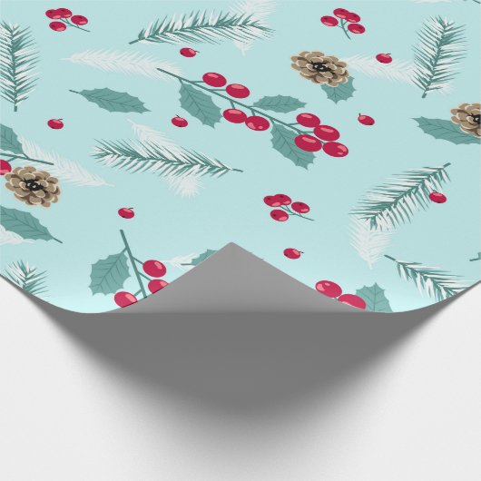Frohe Weihnachten Holly Berry Fir Branches Blue Re Geschenkpapier (Ecke)