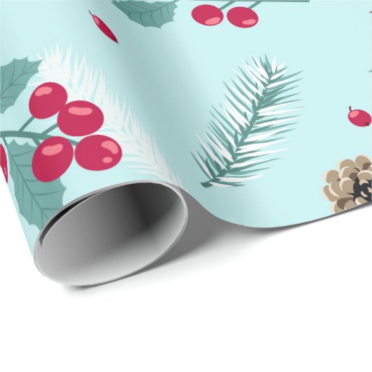 Frohe Weihnachten Holly Berry Fir Branches Blue Re Geschenkpapier (Rolleneckpunkt)