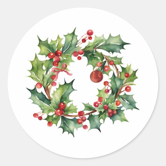 Frohe Weihnachten Holly Berry Wreath Runder Aufkleber (Vorderseite)