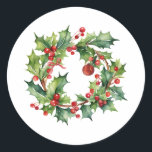 Frohe Weihnachten Holly Berry Wreath Runder Aufkleber<br><div class="desc">Frohe Weihnachtskranz</div>