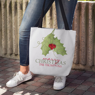 Frohe Weihnachten Holly Blätter Familienname Feier Tasche