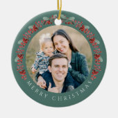 Frohe Weihnachten Holly Botanisches Foto Keramik Ornament (Vorne)
