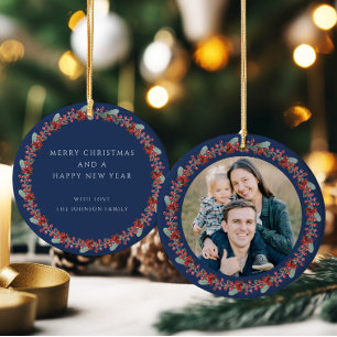 Frohe Weihnachten Holly Botanisches Foto Keramik Ornament