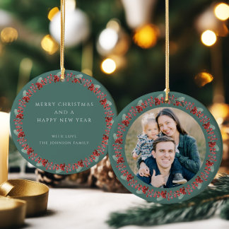 Frohe Weihnachten Holly Botanisches Foto Keramik Ornament