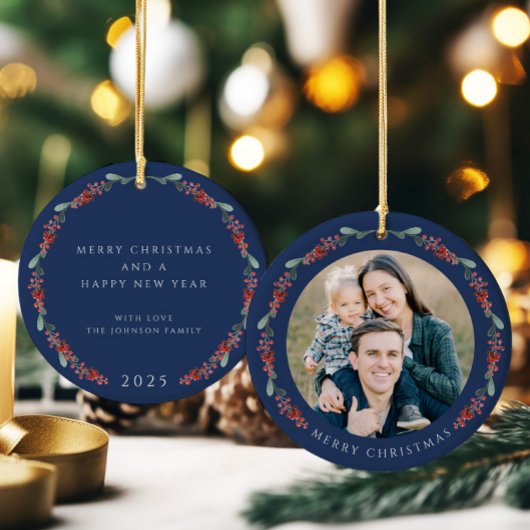 Frohe Weihnachten Holly Botanisches Foto Keramik Ornament