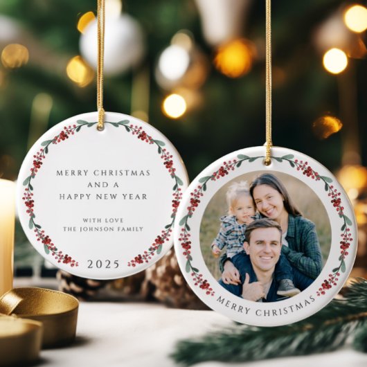 Frohe Weihnachten Holly Botanisches Foto Keramik Ornament