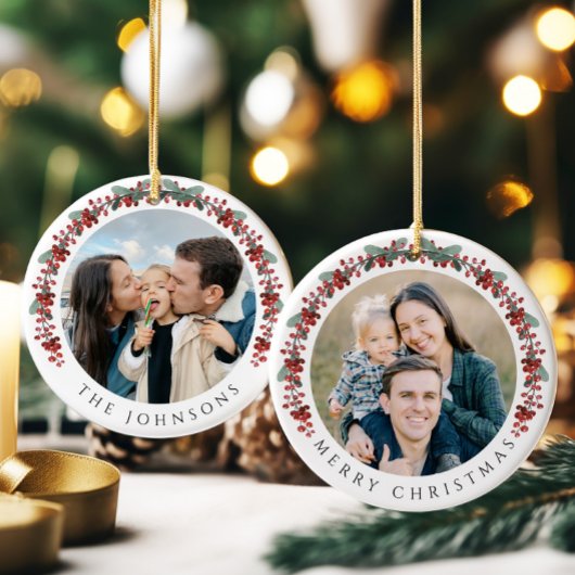 Frohe Weihnachten Holly Botanisches Foto Keramik Ornament