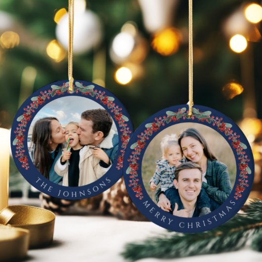 Frohe Weihnachten Holly Botanisches Foto Keramik Ornament