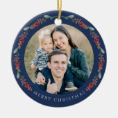 Frohe Weihnachten Holly Botanisches Foto Keramik Ornament (Vorne)