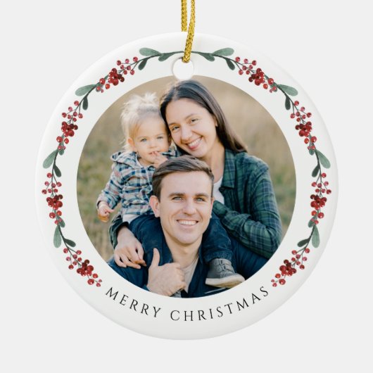 Frohe Weihnachten Holly Botanisches Foto Keramik Ornament (Vorne)