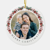 Frohe Weihnachten Holly Botanisches Foto Keramik Ornament (Vorne)