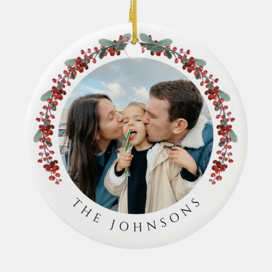 Frohe Weihnachten Holly Botanisches Foto Keramik Ornament (Hinten)