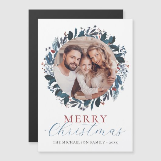 Frohe Weihnachten Holly Foto Holiday Magnet Card (Vorne/Hinten)