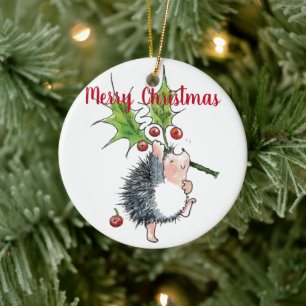 Frohe Weihnachten Holly Igel Keramik Ornament