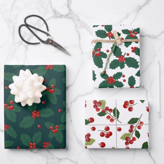 Frohe Weihnachten Holly Red Green White Holiday Geschenkpapier Set (Vorderseite)
