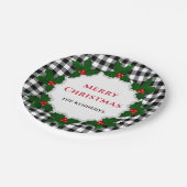 Frohe Weihnachten Holly  Schwarz Kariert Pappteller (Schrägansicht)