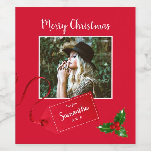 Frohe Weihnachten Holly Sprig - Custom Foto - Weinetikett (Einzelnes Label)