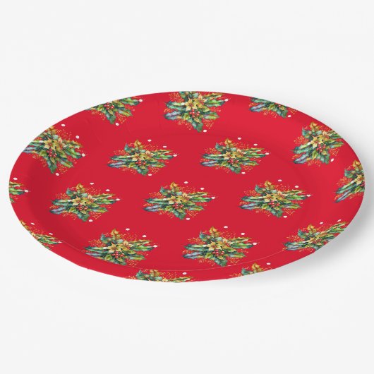 Frohe Weihnachten Holly Verlasse Berries Blume Red Pappteller (Schrägansicht)