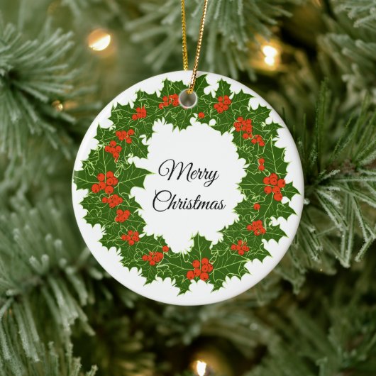 Frohe Weihnachten Holly Wreath Keramik Ornament (Baum)