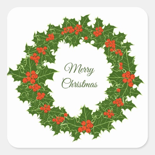 Frohe Weihnachten Holly Wreath Quadratischer Aufkleber (Vorderseite)