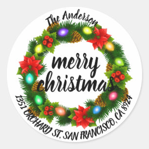Frohe Weihnachten Holly Wreath Rücksendeadresse Cl Runder Aufkleber