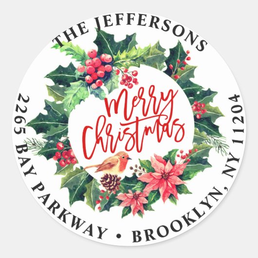 Frohe Weihnachten Holly Wreath-Rücksendeadressen-A Runder Aufkleber (Vorderseite)
