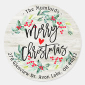 Frohe Weihnachten Holly Wreath-Rücksendeadressen-A Runder Aufkleber (Vorderseite)