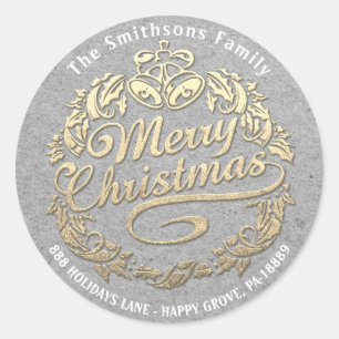 Frohe Weihnachten Holly Wreath UAWG Gold Gray Runder Aufkleber
