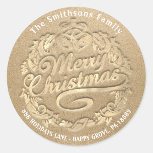 Frohe Weihnachten Holly Wreath UAWG Gold Kraft Runder Aufkleber