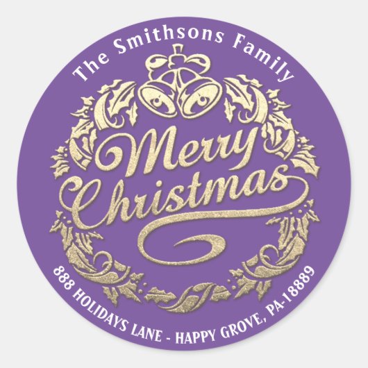 Frohe Weihnachten Holly Wreath UAWG Gold Lila Runder Aufkleber (Vorderseite)